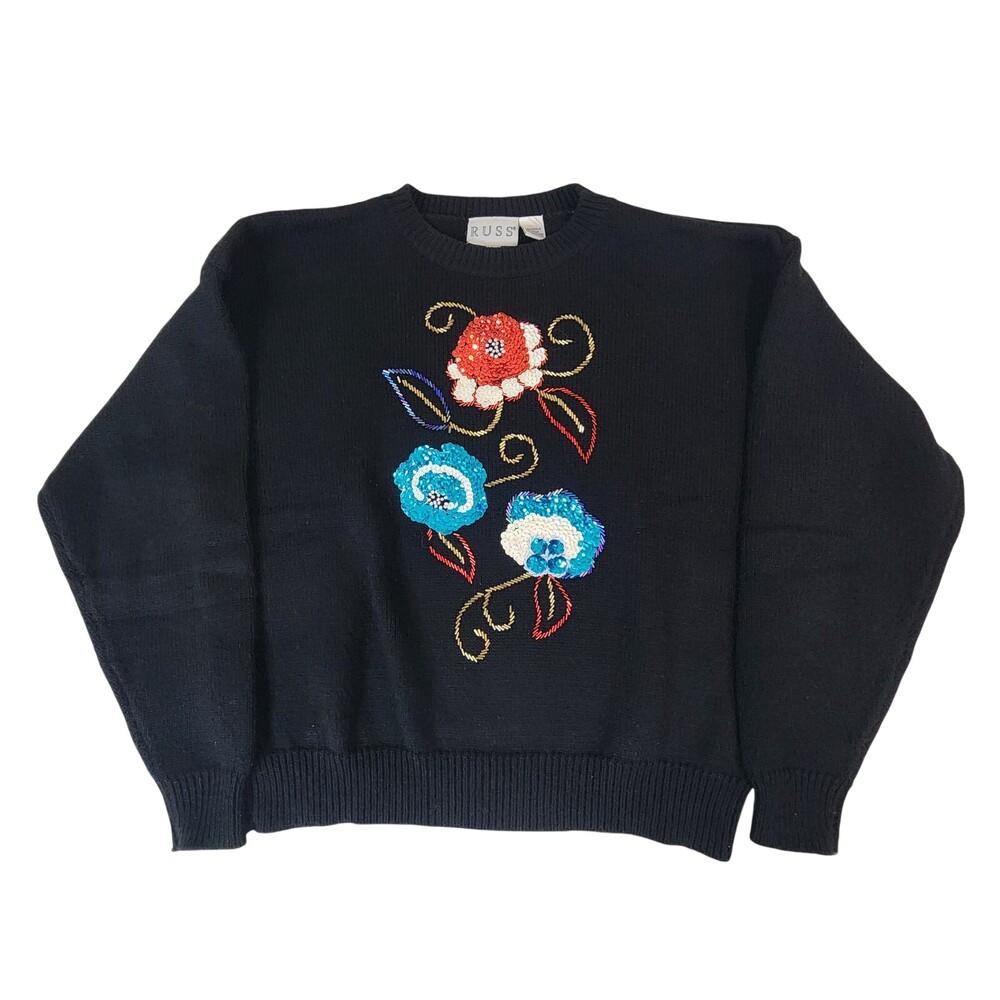 Vintage Russ Sweater Black Large Sequined Acrylic Sparkle Floral Beaded #1975